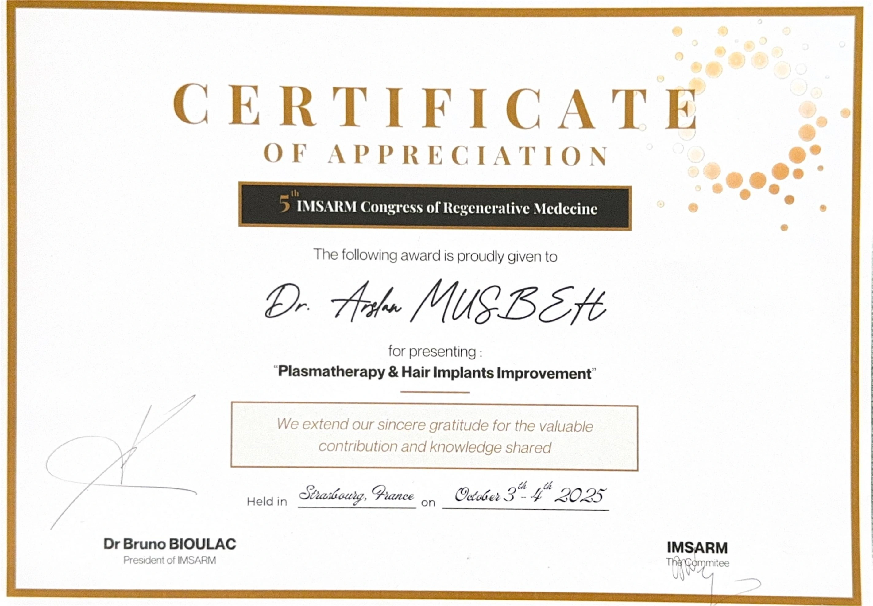 Certificate of Appreciation — Regenerative Medicine Congress